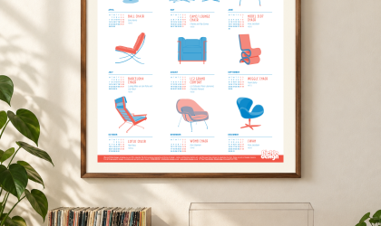 2014 Pickle Design calendar featuring illustrated classic chairs, framed above a record player