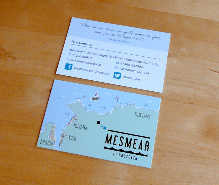 Mesmear Luxury Cottages business cards with illustrated Polzeath map and blue foil logo