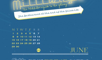 The June 2015 Time Travel Calendar featuring The Hitchhikers Guide to the Galaxy