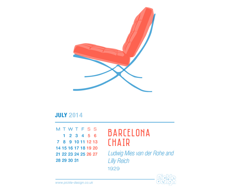 July 2014 Calendar featuring the Barcelona Chair