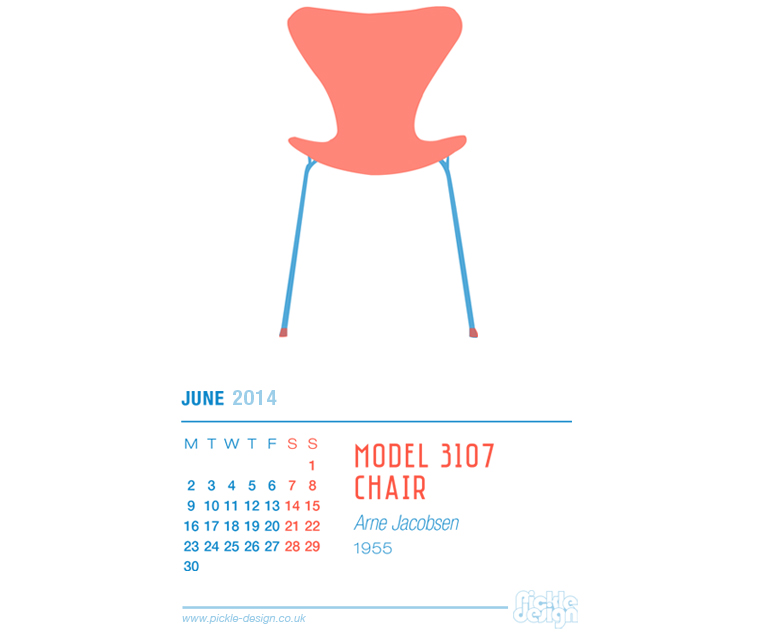 June 2014 Calendar featuring Arne Jacobsen's Model 3107 chair