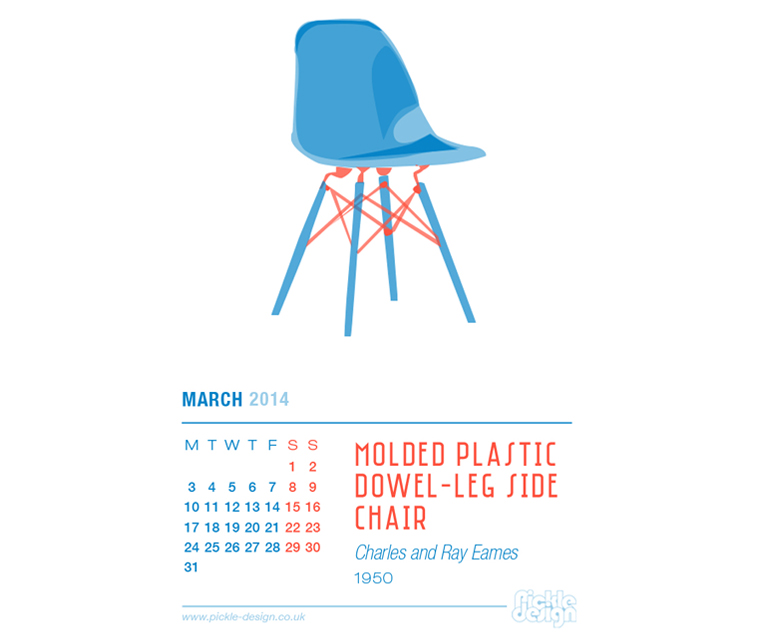 March 2014 Calendar featuring the Eames Molded Plastic Dowel-Leg Side Chair