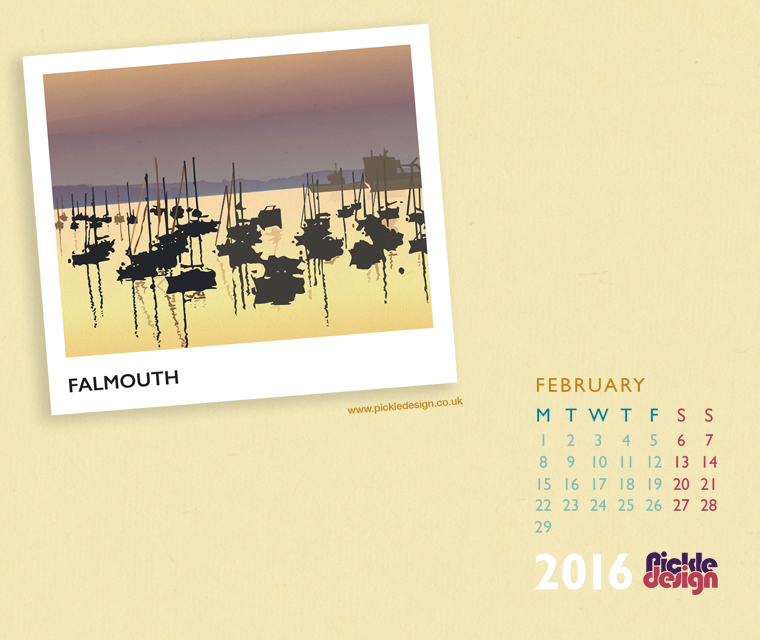 Pickle Design February calendar download of Falmouth, Cornwall
