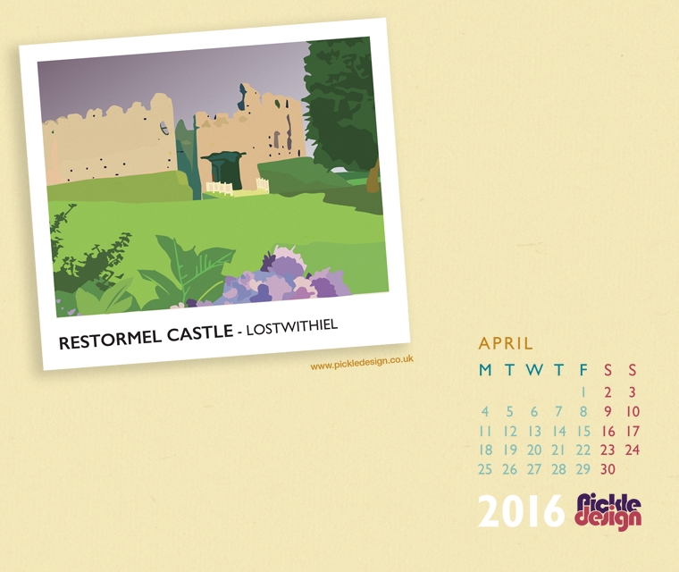 Pickle Design April calendar download of Restormel Castle, Lostwithiel, Cornwall