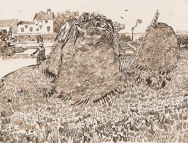 Vincent Van Gough's sketch of Haystacks near a farm