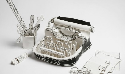 Typewriter sculpture in black and white porcelain by Katharine Morling