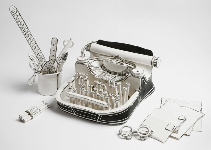 Typewriter sculpture in black and white porcelain by Katharine Morling