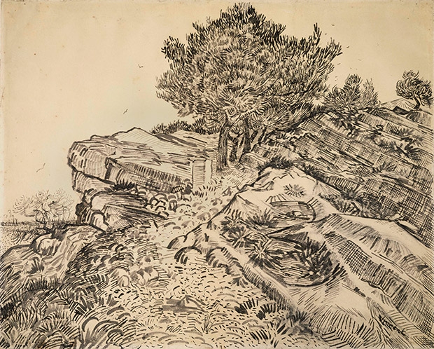 Van Gogh sketch for The rock of Montmajour with pine trees