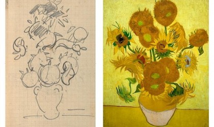 Sunflower sketch and painting by Van Gogh