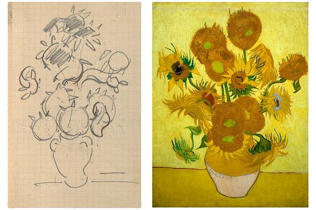 Sunflower sketch and painting by Van Gogh