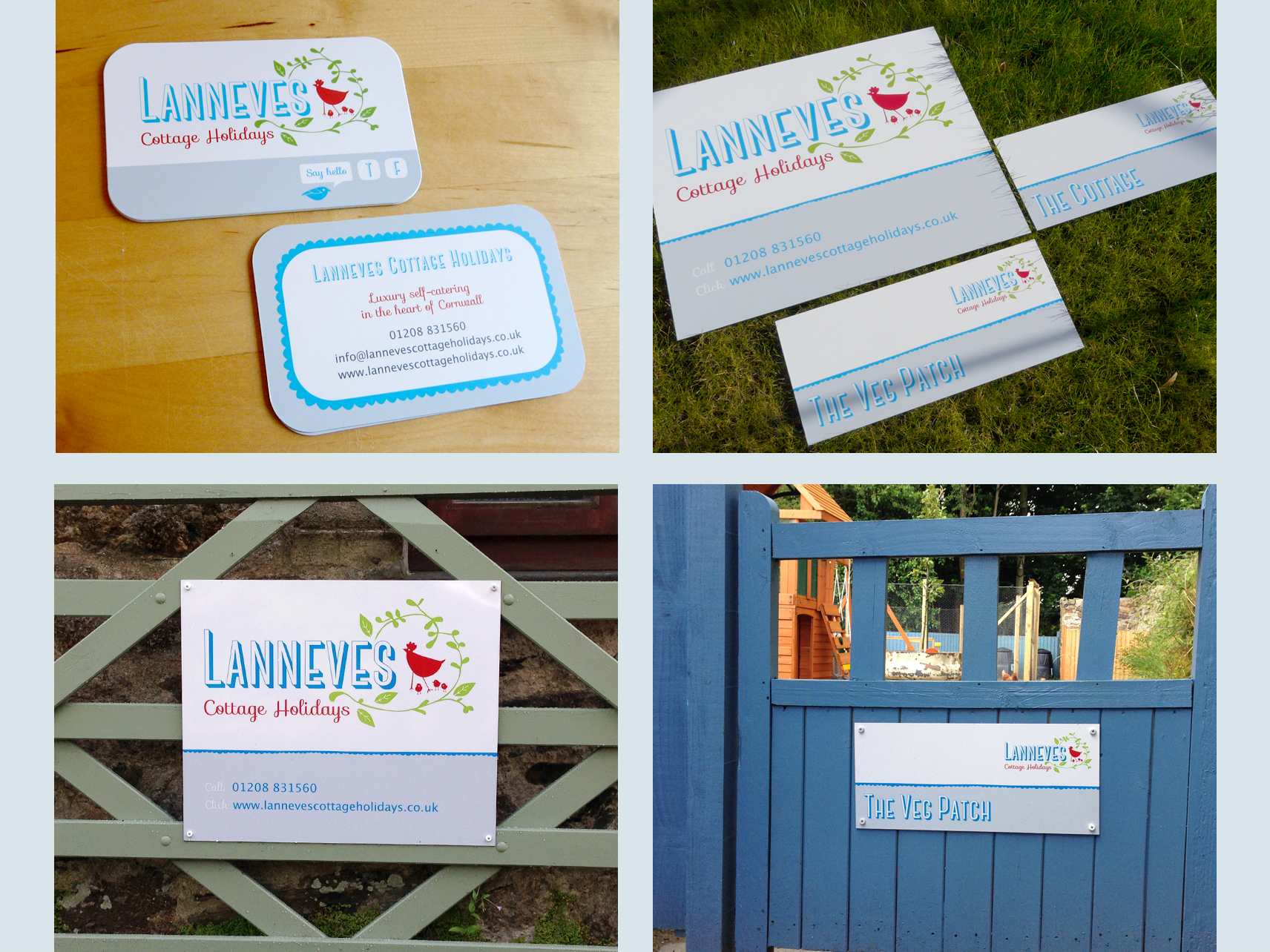 Business cards and signs designed and produced for Lanneves Cottage Holidays