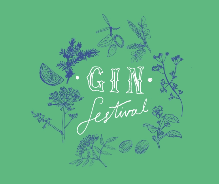 The brand Pickle Design created with illustration in blue and green for Wadebridge Wine's gin festival