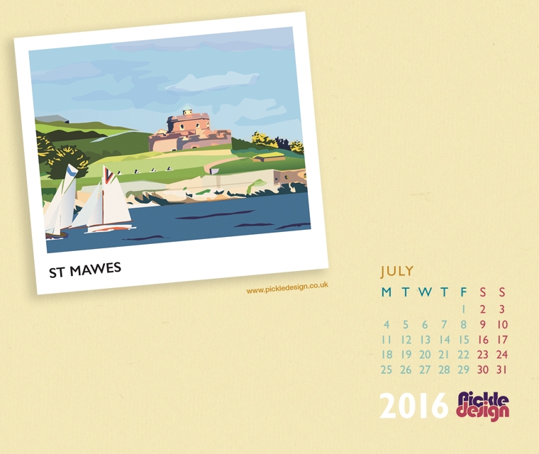 Pickle Design's calendar download for July - St Mawes, Cornwall