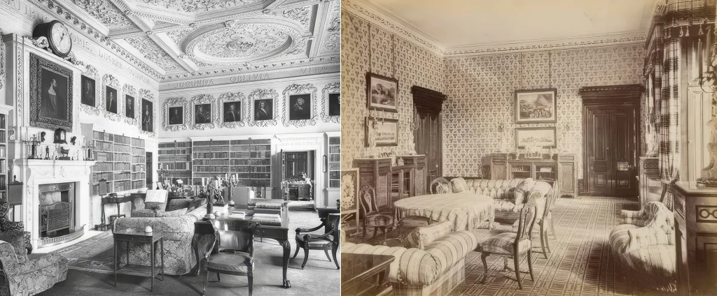 Historic black and white interior images showing richly furnished rooms associated with Chesterfield seating