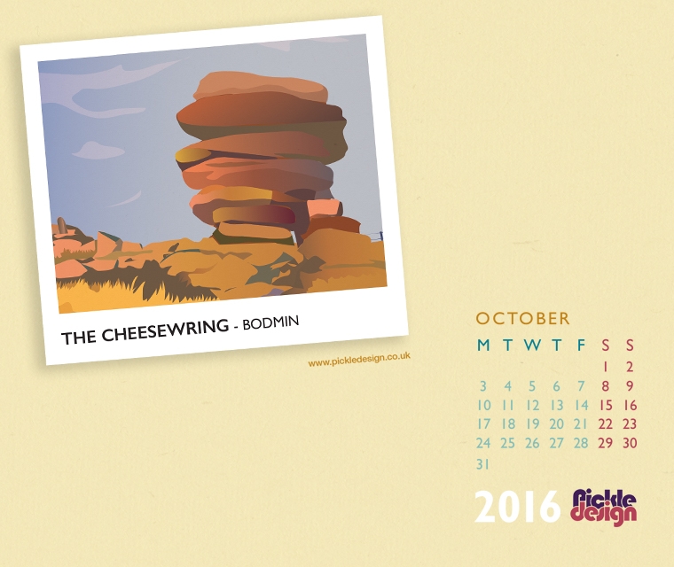 Pickle Design's October calendar of the Cheesewring, Bodmin moor, download here