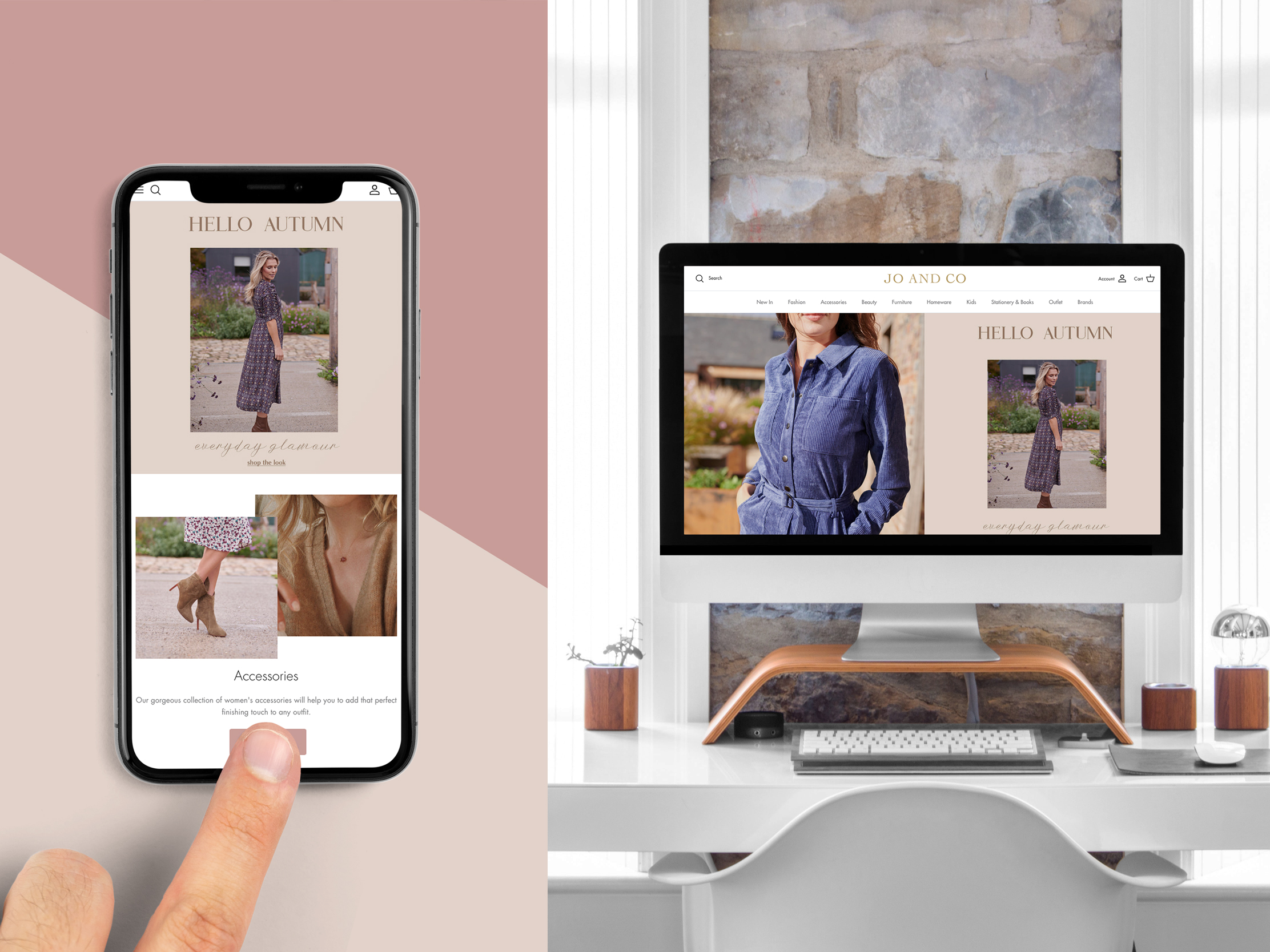 Jo and Co Home autumn website banners shown on mobile and desktop screens