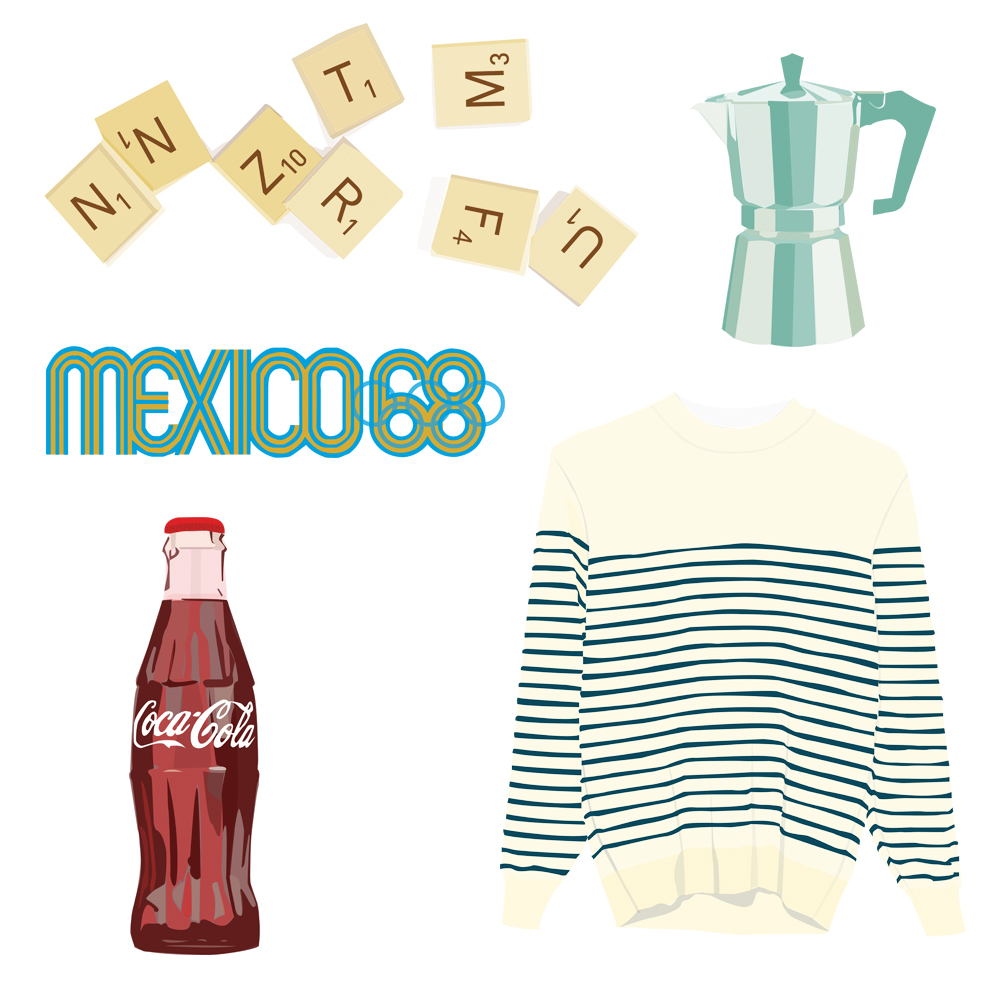 Pickle Design design classics of Scrabble, the Moko Pot, the Mexico olympic logo, the Breton top and the Coca-Cola bottle 