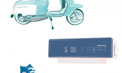 Pickle Design design classics the Lambretta scooter, Panassonic clock, and Converse trainer