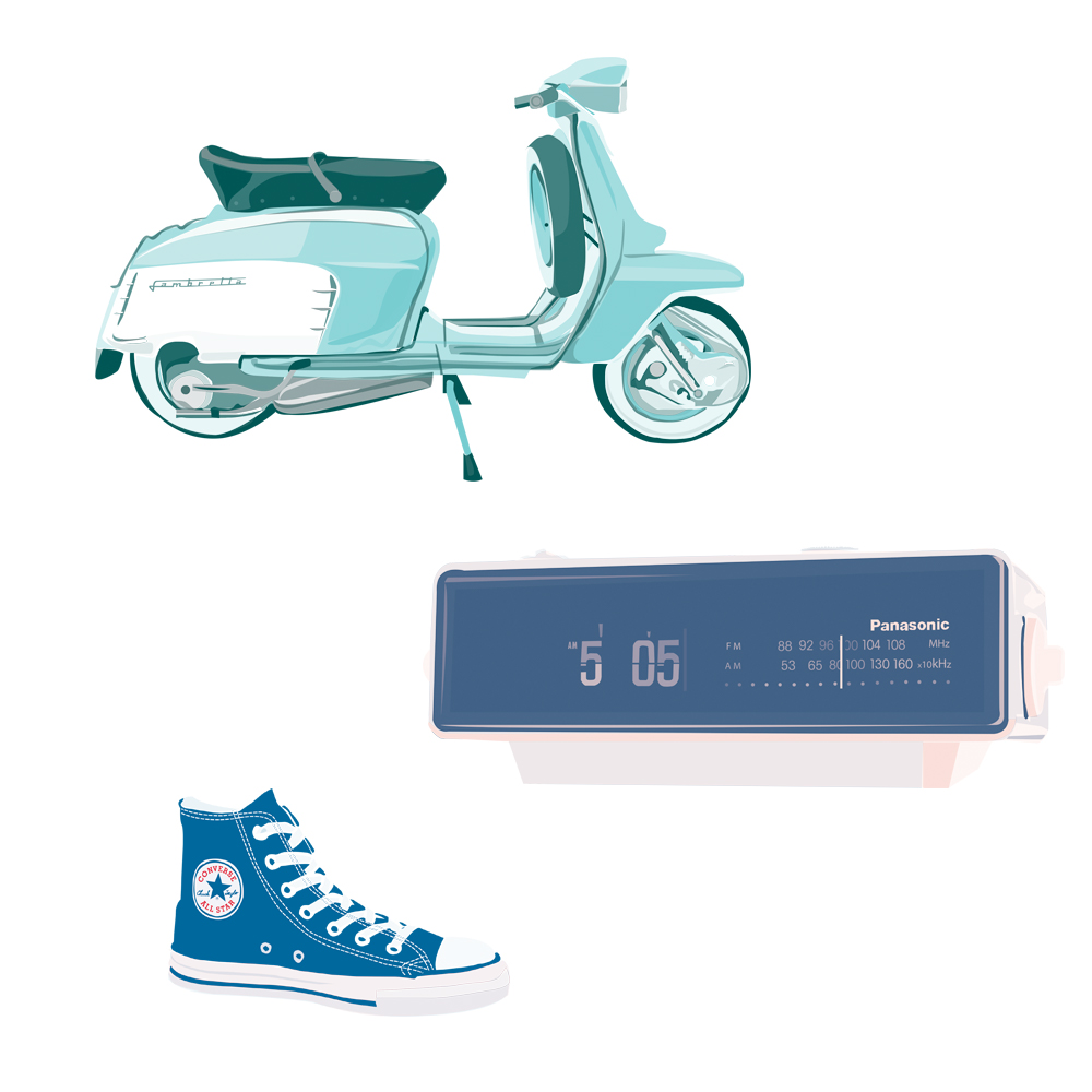 Pickle Design design classics the Lambretta scooter, Panassonic clock, and Converse trainer