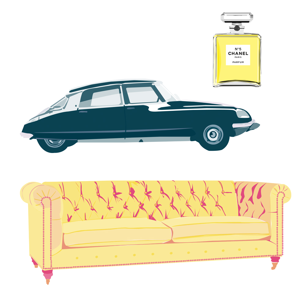 Pickle Design's design classics of the Chanel number 5 perfume, the Citroen DS and the Chesterfield sofa 