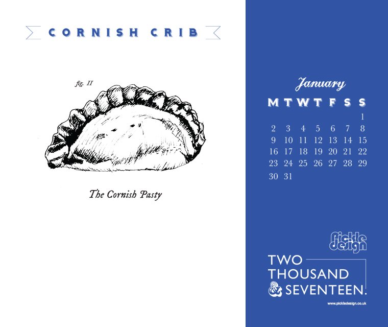 The Pickle Design January 2017 calendar of Cornish crib featuring the pasty