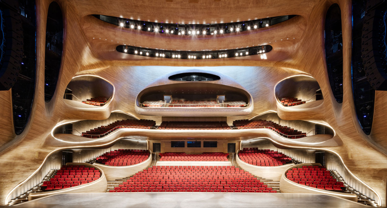 Opera house with amazing interior of organic looking wood