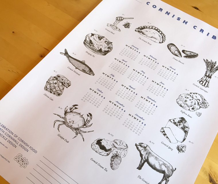 Hand illustrated poster calendar celebrating Cornish food