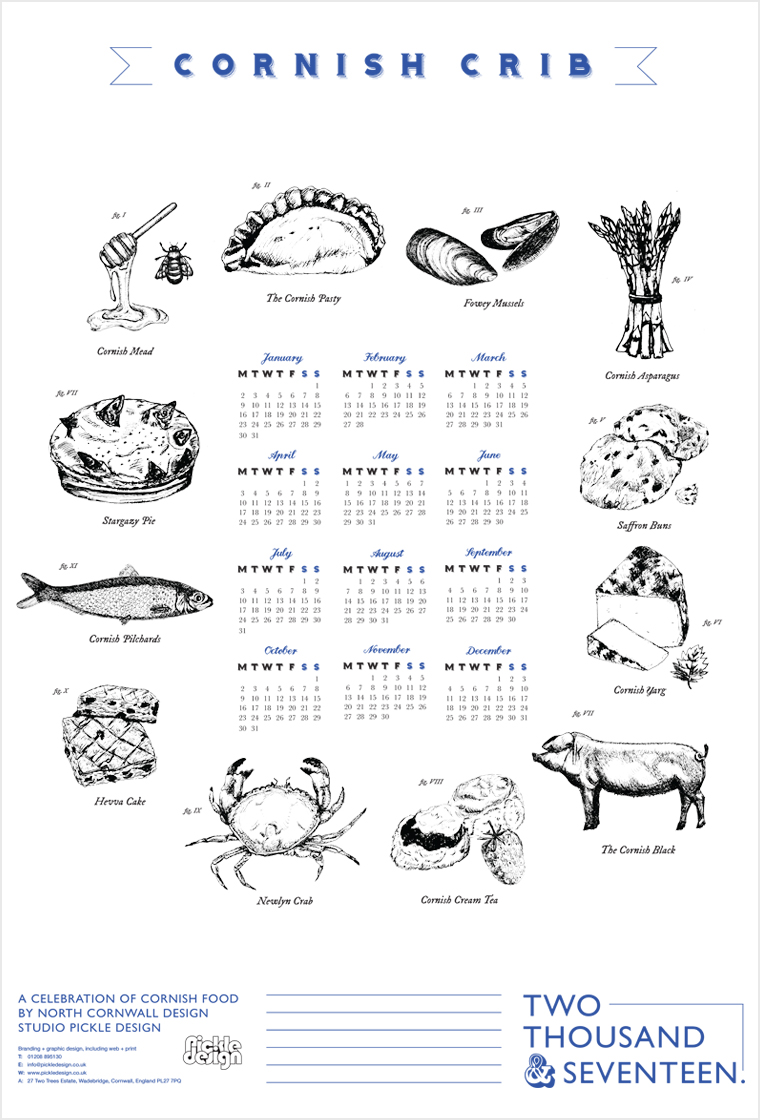 Hand illustrated poster calendar celebrating Cornish food