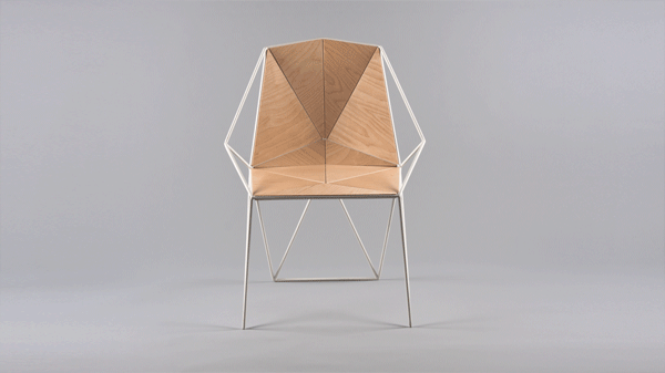 Angular plywood and white metal chair