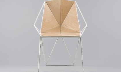 Angular plywood and white metal chair