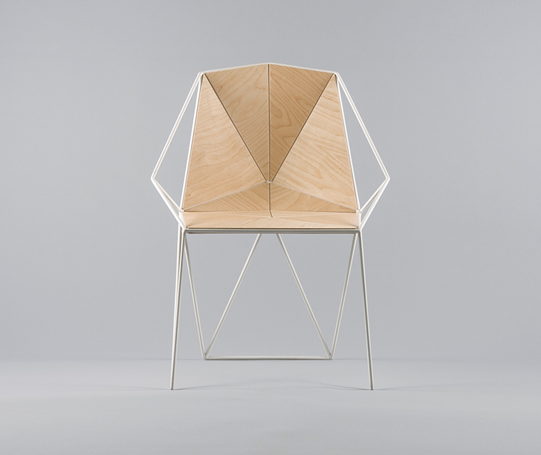 Angular plywood and white metal chair