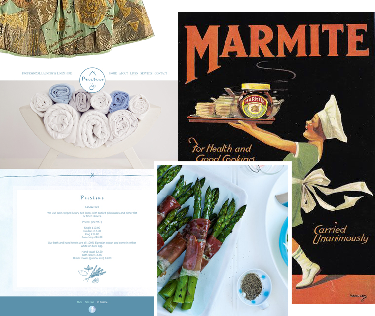 Marmite, website design, asparagus wrapped in parma ham and French silk dress montage