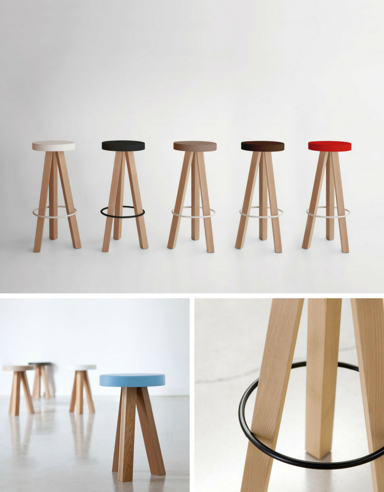 Three legged stool with bright coloured seat and oak legs