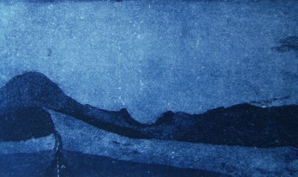 Moody blue etching by British print maker Jamie Barnes