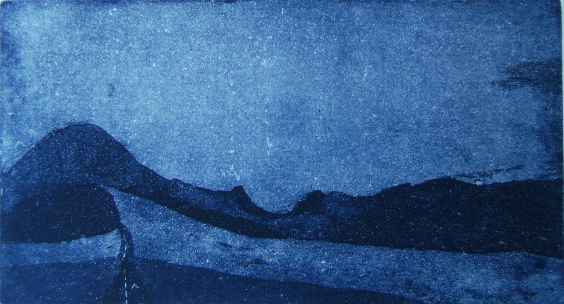 Moody blue etching by British print maker Jamie Barnes