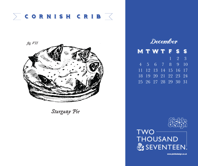 Download for free the Pickle Design December calendar of Cornish Crib featuring our illustration of the Stargazy pie