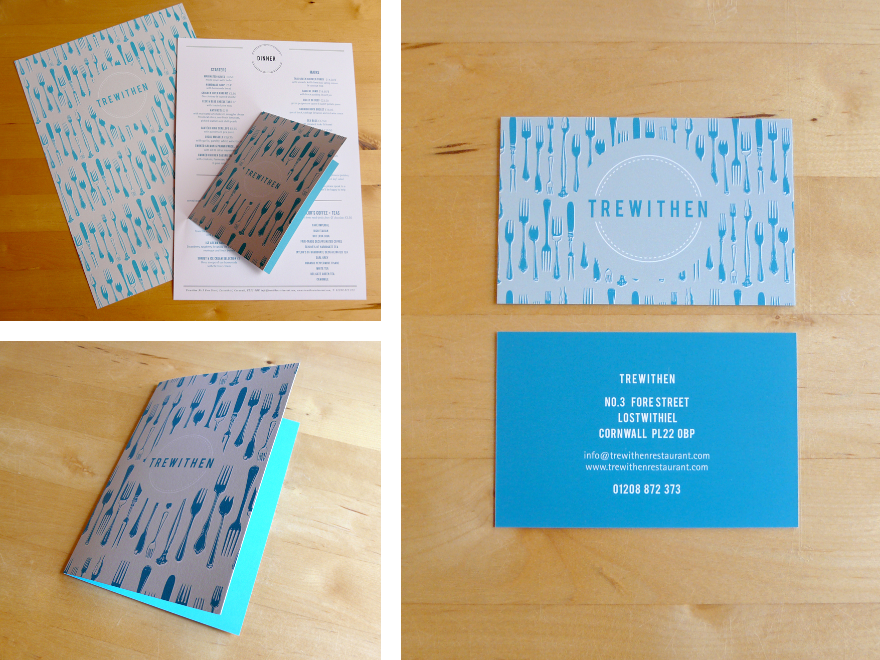 Menu cards, bill holders and business cards for Trewithen Restaurant
