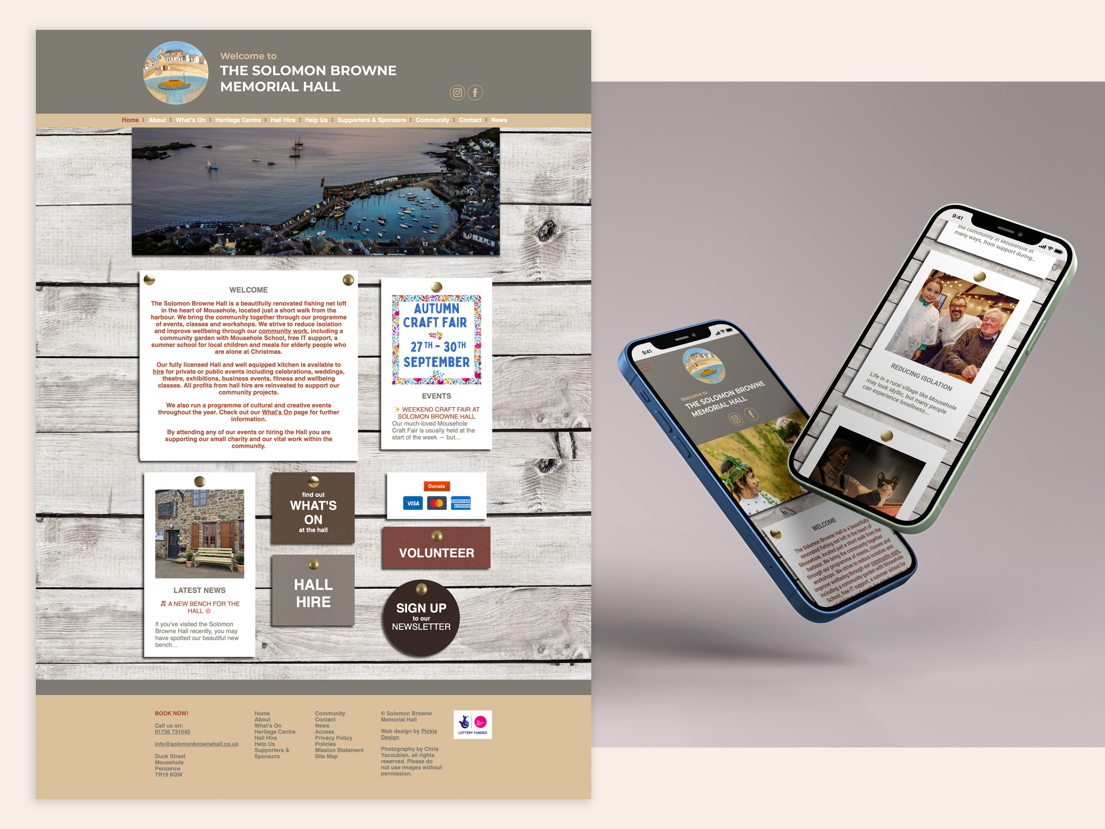 Responsive website design for Solomon Browne Hall, Mousehole, Cornwall