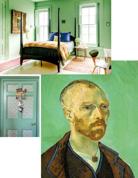 Vincent Van Gogh green, four poster bed in arsenic painted room and Art Deco wallpapered door