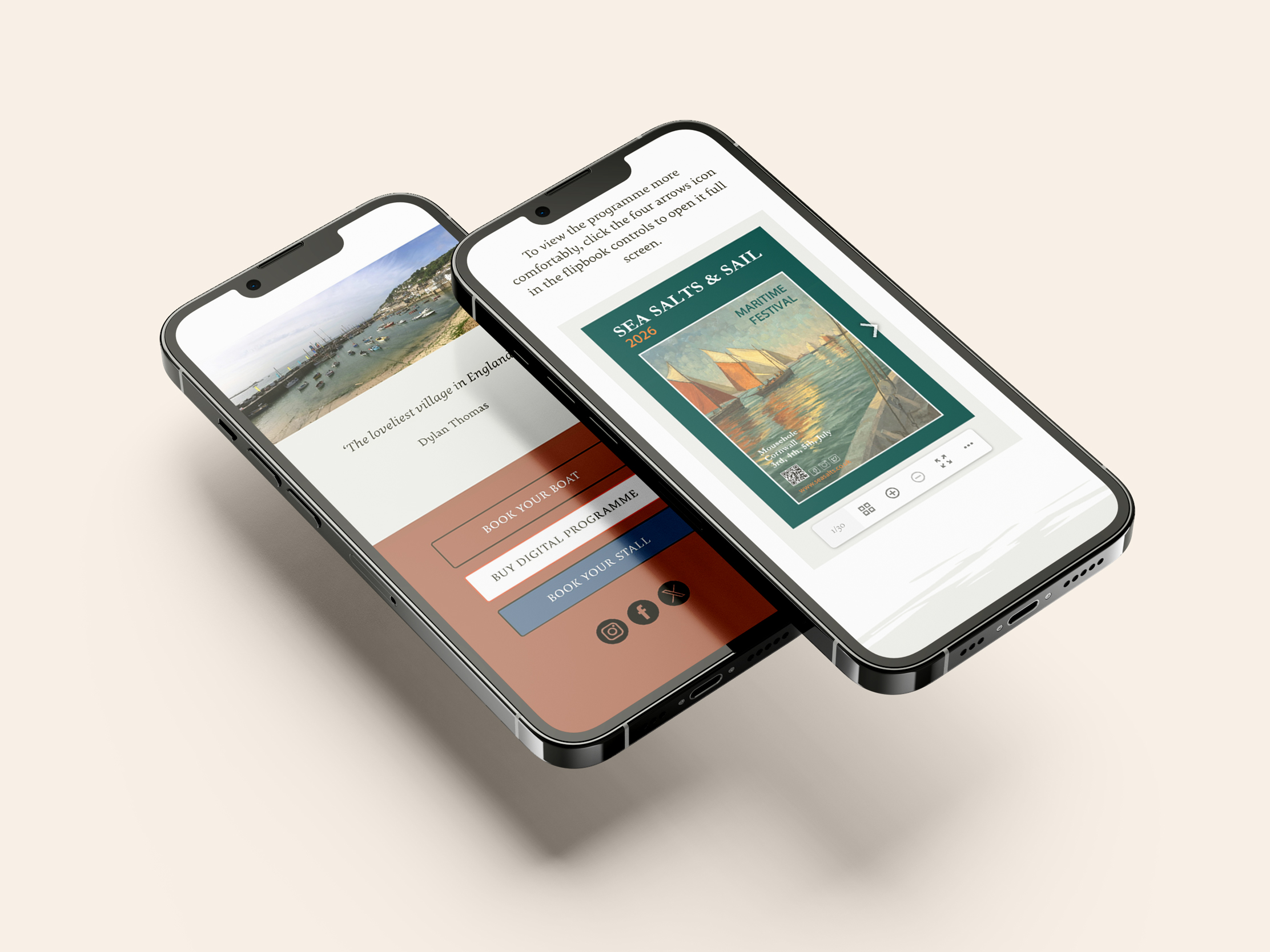 Sea Salts & Sail Festival mobile website showing booking buttons and digital programme access on two phones