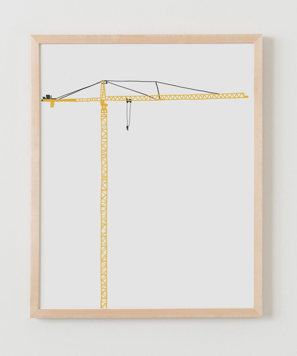 Graphic art by Jorey Hurley of a yellow crane, ideal for a nursery