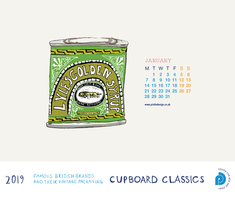 Download our January vintage food packaging calendar of Lyle and Son's golden syrup for free for your mobile, tablet and desktop computer background.