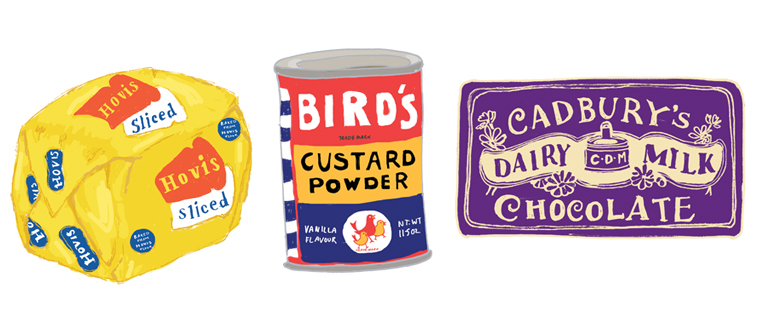 Vintage packaging illustrated of Hovis, Bird's Custard and Cadbury Dairy Milk