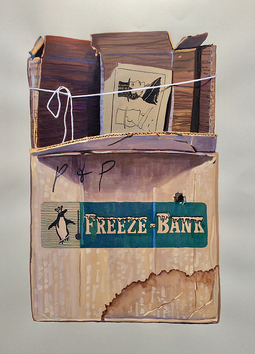 Painting of a cardboard box holding family memories