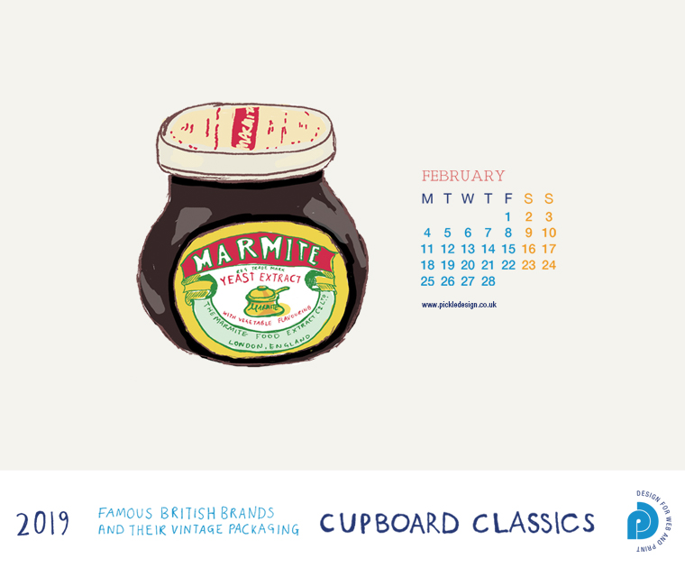 Download our February vintage food packaging calendar of Marmite for free for your mobile, tablet and desktop computer background.