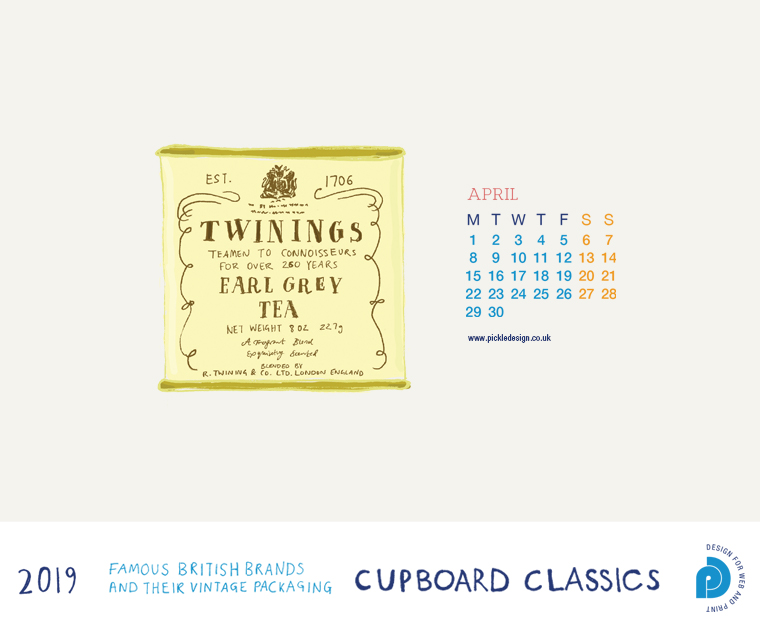 Download our April vintage food packaging calendar of Twinings Earl Grey Tea for free for your mobile, tablet and desktop computer background