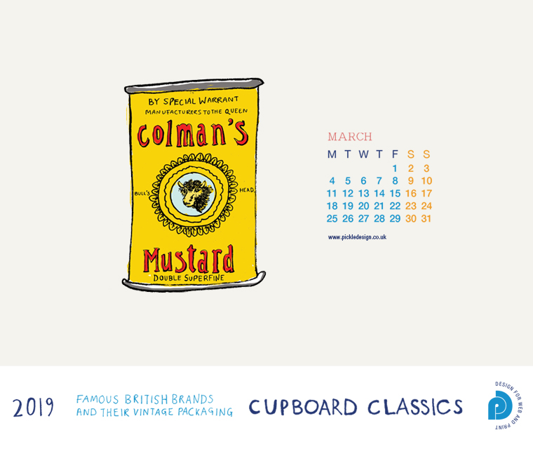 Download our March vintage food packaging calendar of Colman's Mustard for free for your mobile, tablet and desktop computer background