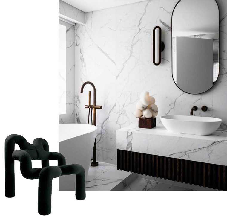 Black Ekstrem chair with marble bathroom 