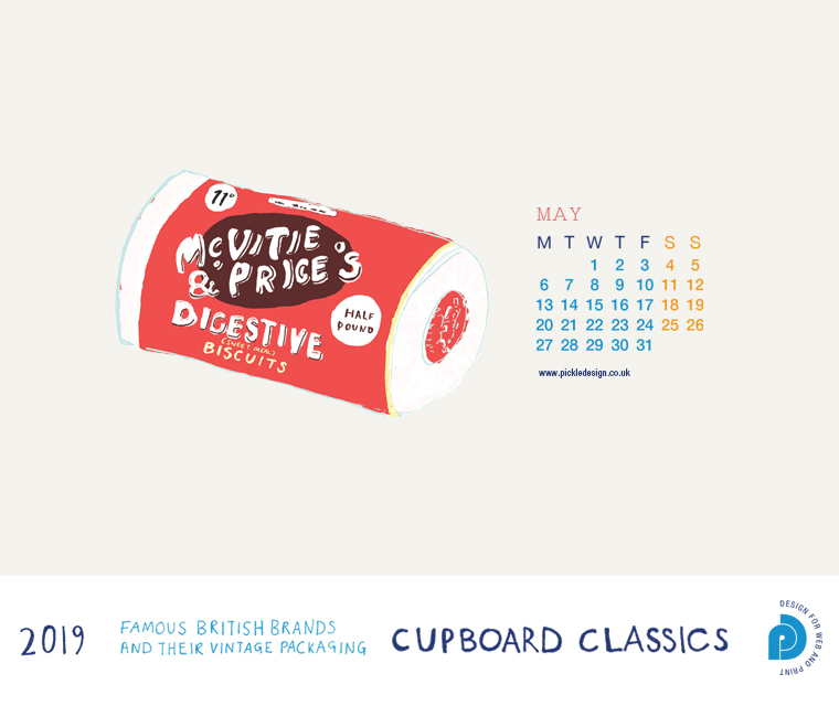 Download our May vintage food packaging calendar of McVitie's Digestive Biscuits for free for your mobile, tablet and desktop computer background