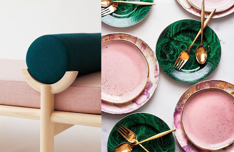 Furniture and ceramics in deep green and pale pink